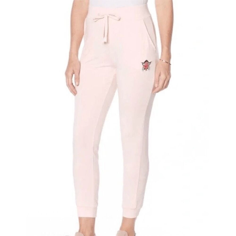 Badgley Mischka Jogger Pants M Blush Pink Embroidered Logo Comfy French Terry